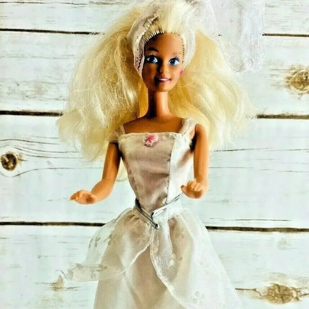 MATTEL BARBIE Doll Long Blonde Hair 12" Tall Blue Eyes White Dress Free Shipping
